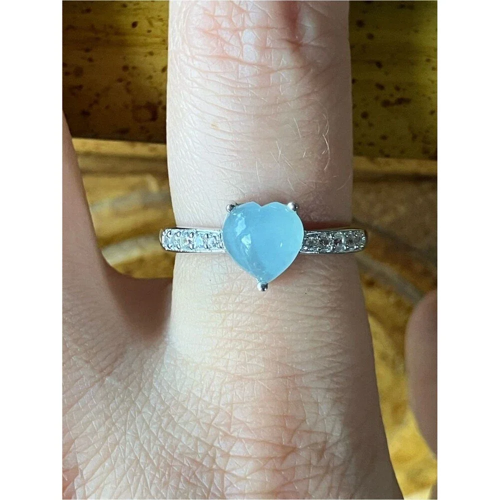 Genuine Aquamarine Sterling Silver Heart Ring Size 8.75
